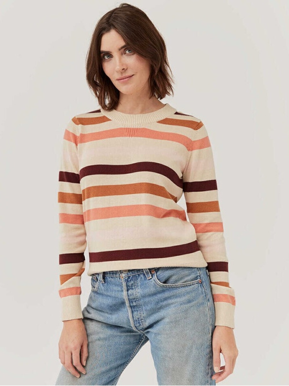 PACT - organic cotton Striped Crewneck Sweater Cream, Coral, Burgundy - L